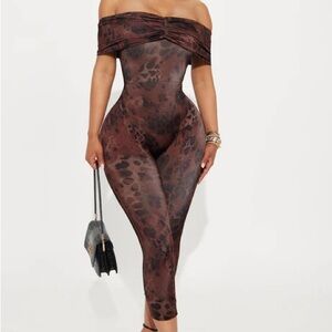 Off Shoulder Leopard Capri Jumpsuit